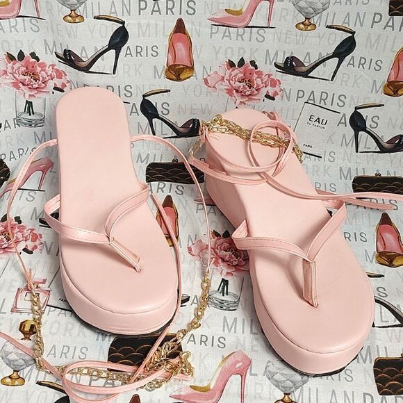Strappy Pink Wedge Sandals - Picture 2 of 5